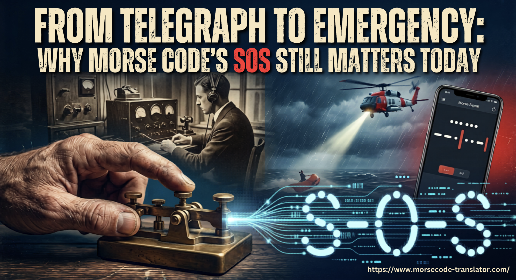 Historical telegraph operator sending a Morse code SOS distress signal